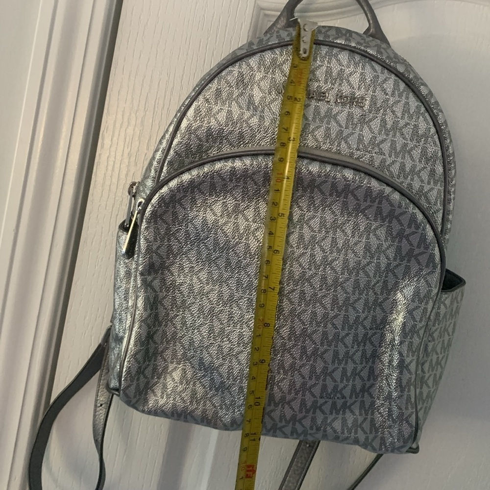 Michael Kors Silver shimmer Monogram Backpack shiny zipper leather compartments - Picture 11 of 16